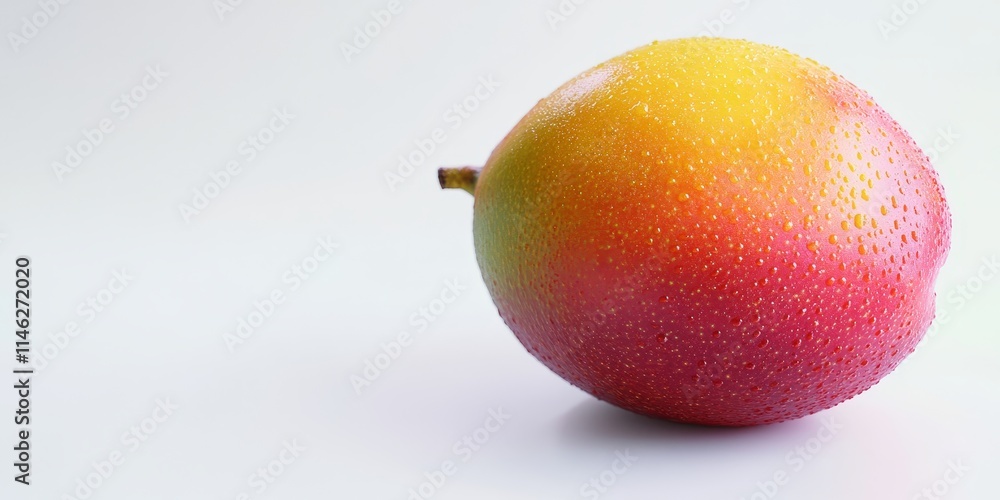 Poster A detailed, close up view of a mango set against a plain white background, highlighting its texture and color. This emphasizes the mangos appealing features.