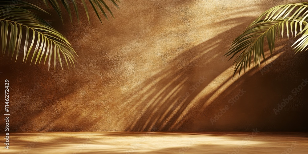 Aufkleber Shadows of palm leaves cast on a brown wall and floor create an abstract backdrop with ample space for text. This natural scene embodies a sunny day, ideal for minimal summer themes.