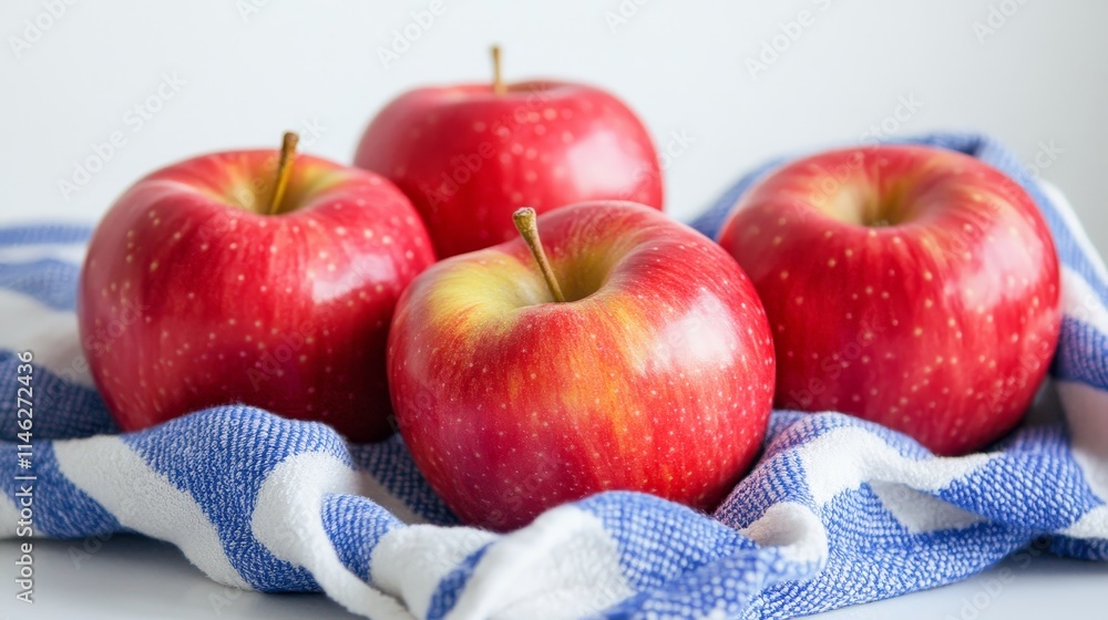 Poster five vibrant red apples arranged on a blue and white towel, set against a clean white background, cr