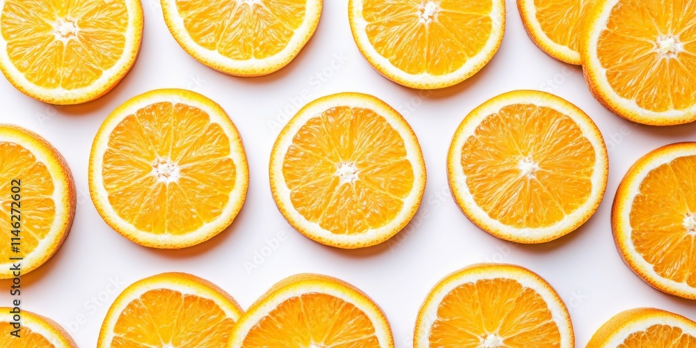 Poster macro image showcasing vibrant ripe orange slices arranged over a clean white background, highlighti
