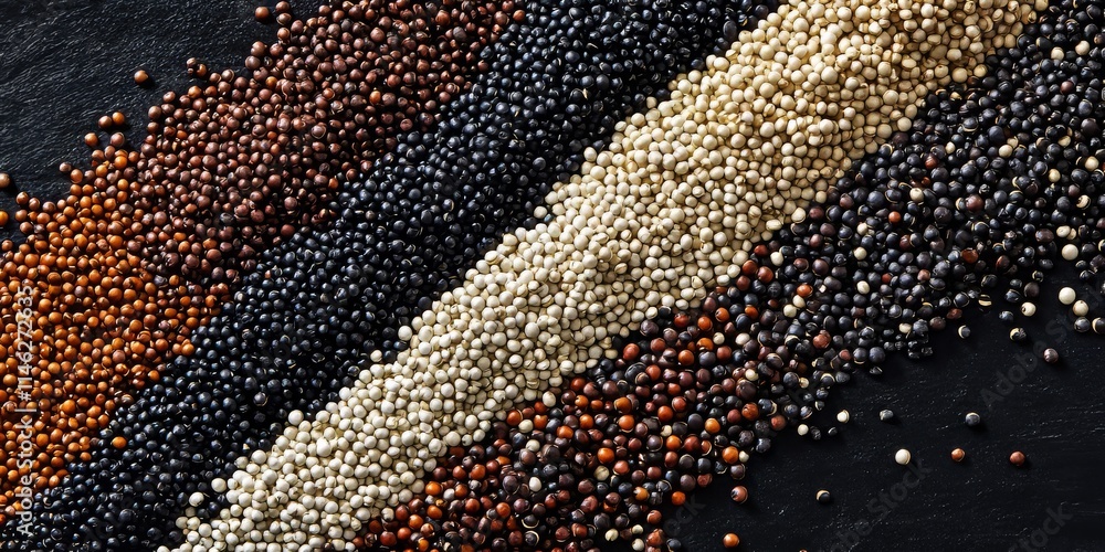 Poster variety of quinoa showcased on a black backdrop, highlighting the unique textures and colors of diff