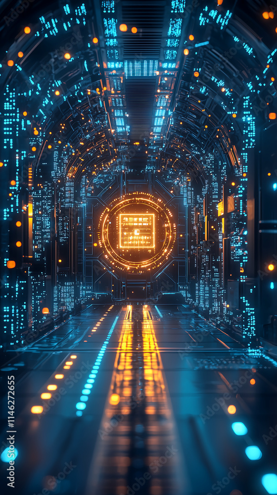 Aufkleber futuristic blockchain ai digital tunnel with glowing cyber elements