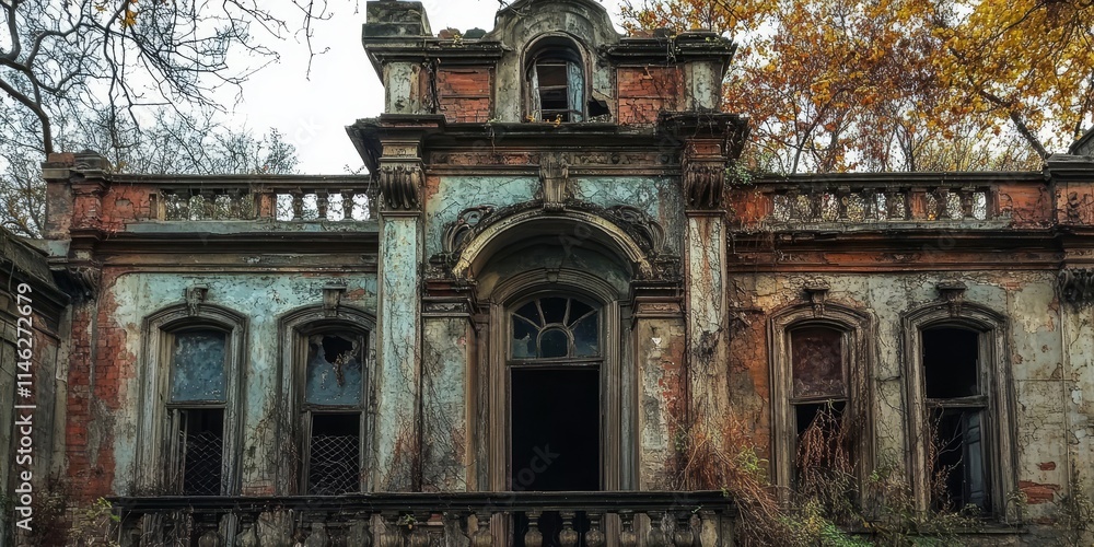 Poster abandoned old building showcasing unique architecture features, highlighting the charm of its facade