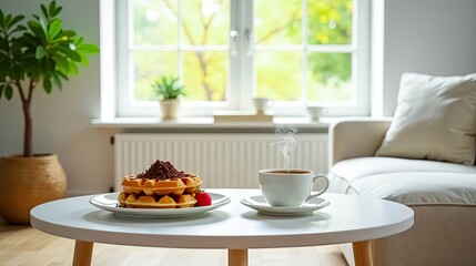 Cozy home breakfast scene featuring a delectable waffle dessert and a steaming cup of coffee on a side table