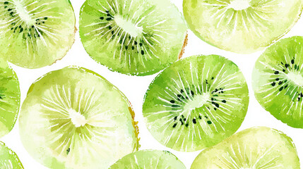 Fototapeta premium Fresh kiwi slices in watercolor style, vibrant and overlapping, isolated