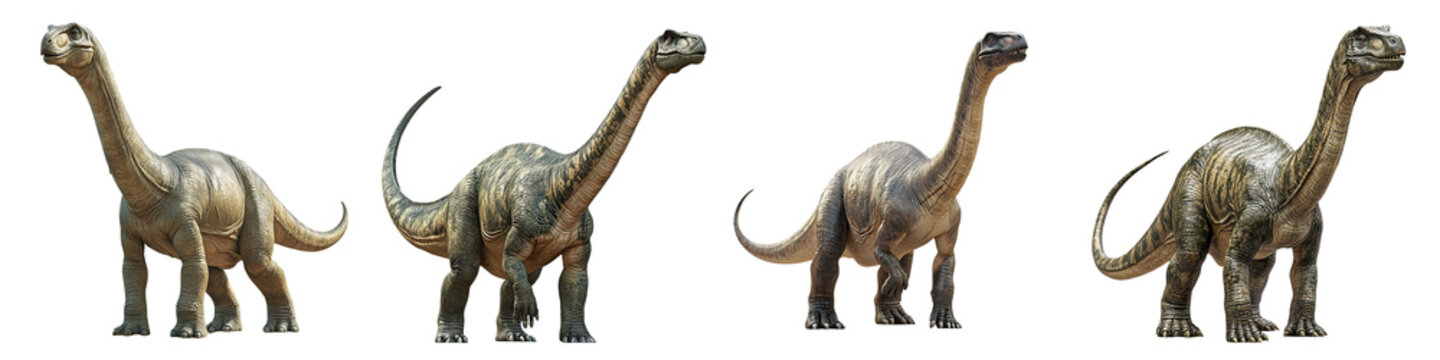 A group of four apatosaurus dinosaur models showcasing different poses and features, highlighting their long necks and distinct body shapes.
