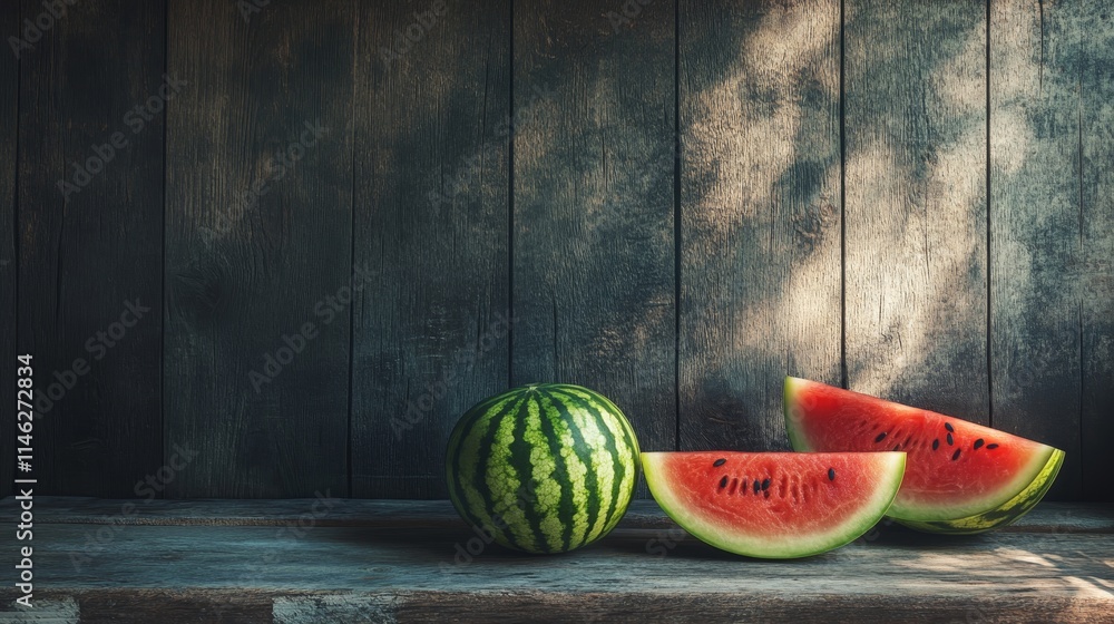 Poster watermelon placed on a wooden background, showcasing the freshness of watermelon amidst a natural se