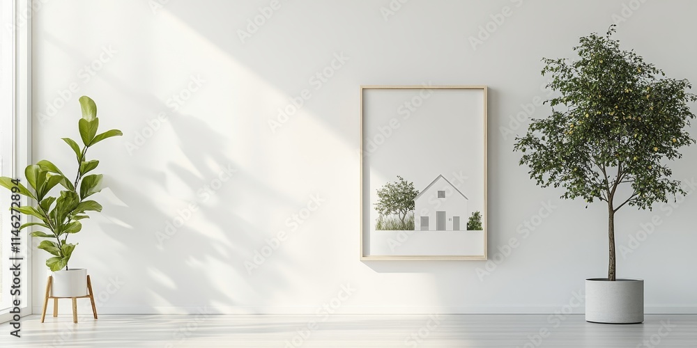 Poster real estate poster showcasing a house and tree on a white wall with space for text above the artwork