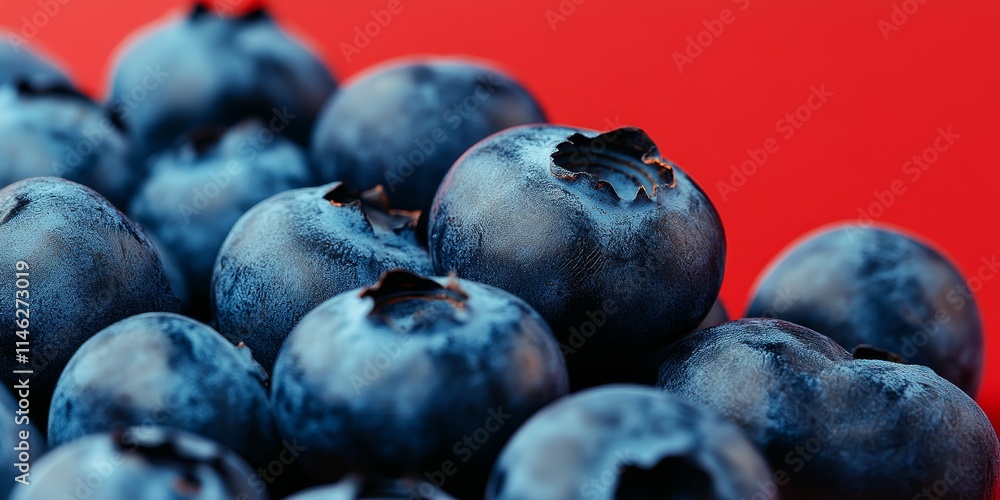 Poster fresh blueberries are isolated on a vibrant red background for a striking closeup. this captivating 