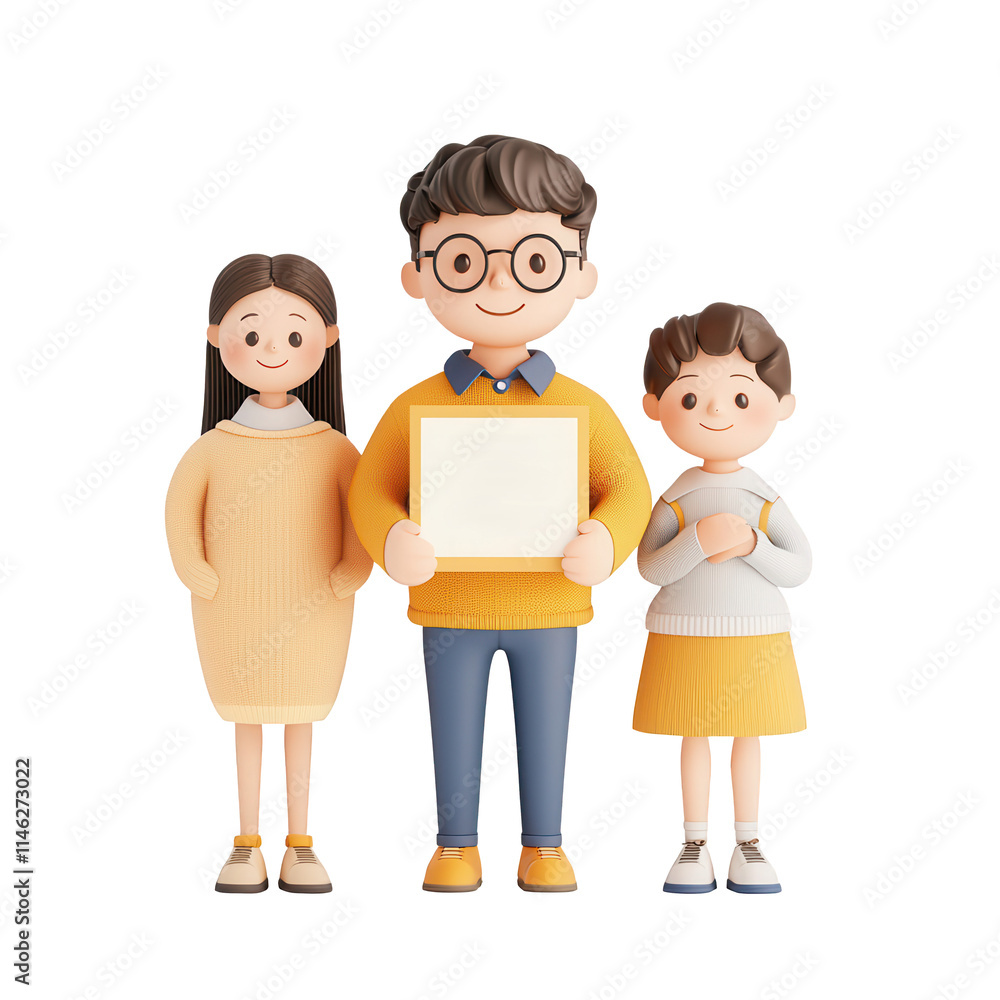 Poster three cheerful characters holding a certificate with bright colors and friendly expressions., isolat
