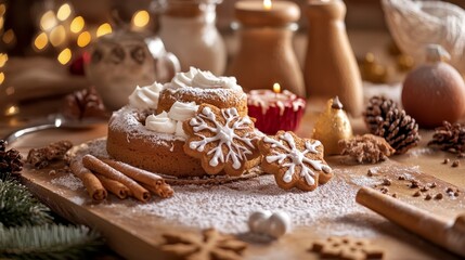Products for baking cake and cookies, showcasing the preparation for baking. This seasonal and festive concept focuses on essential products for baking cake and cookies.