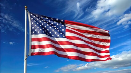 Obraz premium American Flag Waving in the Wind Against a Clear Blue Sky