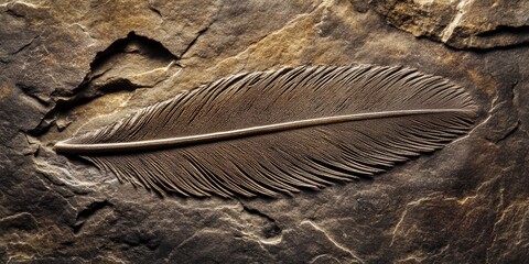 Ancient bird feather fossil imprint showcasing intricate details of feather structure, providing insight into the morphology of ancient bird species through its remarkable fossil imprint.