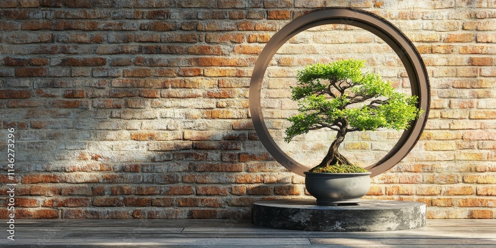 Aufkleber brick wall features a round window door leading into an open garden, showcasing a small bonsai tree 