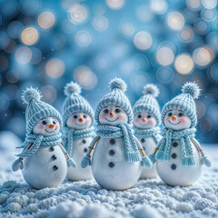 The image features a group of five snowman figurines, dressed in light blue knitted hats and scarves, standing on a snowy surface. The background is a blurred, blue, winter scene with light bokeh effe