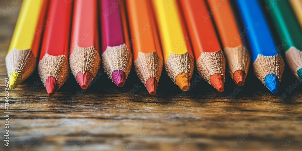 Poster Color pencils arranged on a wooden surface create a vibrant background and texture, showcasing the appeal of color pencils in various artistic applications and projects.