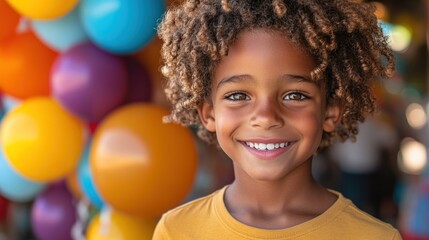 A smiling child with curly hair stands in front of colorful balloons, conveying joy.