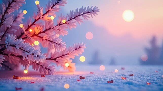 Enchanted Winter Scene Frost-Covered Branches Adorned with Warm Lights and Scattered Festive Decorations Resting on a Soft Blanket of Snow at Sunset