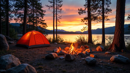 Lakeside camping scene at sunset, a small colored tent is pitched near the waters
