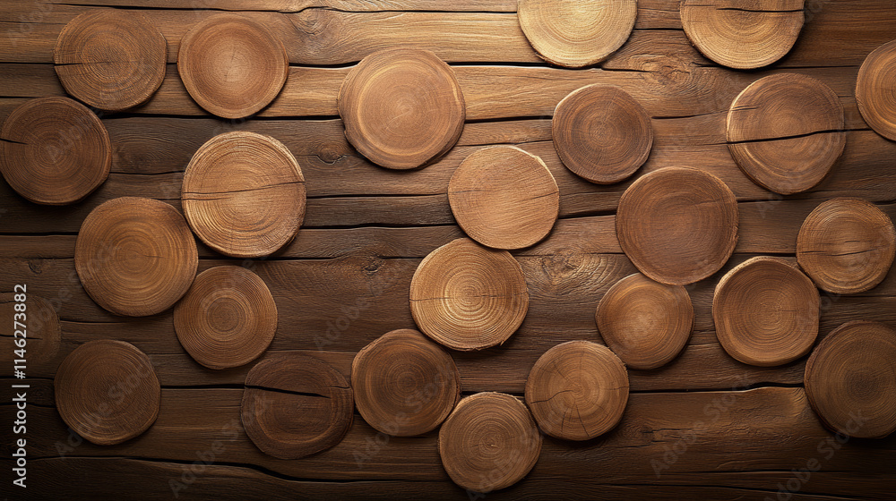 Poster unique wooden circles arranged on a rustic wooden surface in soft light accentuating natural texture