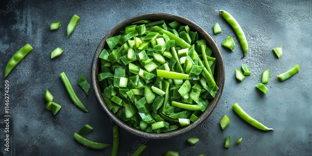 Poster a vertical composition featuring sliced green beans arranged artistically within a bowl, highlightin