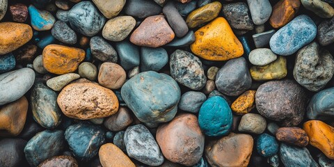 Close up view of multi colored river rocks, showcasing various hues and textures. These multi colored river rocks are perfect for use as wallpaper or as a textured background in design projects.