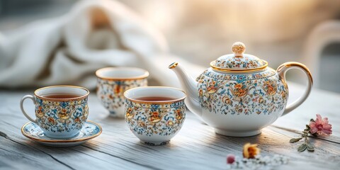 Tea set elegantly arranged on a white wooden table, showcasing the intricate designs and vibrant colors of the tea set, perfect for a cozy gathering or a serene tea time experience.