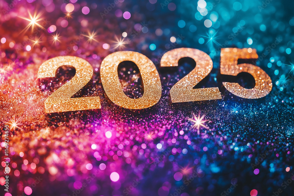 Poster 2025 numbers on colorful background with stars and sparkles