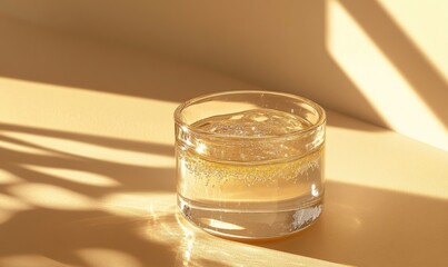 A glass of water is sitting on a table