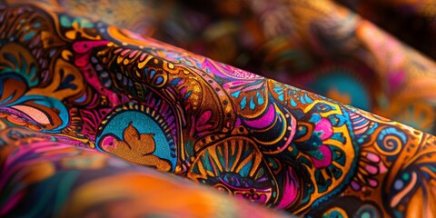 Fototapeta premium The vibrant print pattern on a brown surface showcases a stunning array of base colors, highlighting the intricate details of the colorful print and elevating the visual appeal.