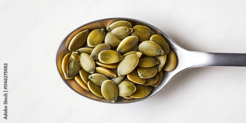 Poster isolated on a white background, this image features a spoon filled with pumpkin seeds, showcasing th