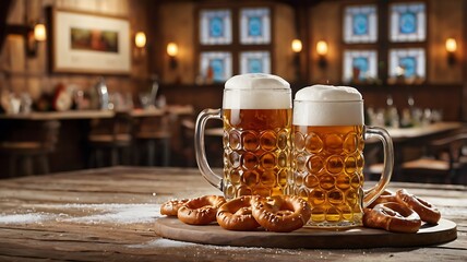 Oktoberfest setting with frosty beer mugs clinking together surrounded by pretzels and Bavarian decorations with copy space