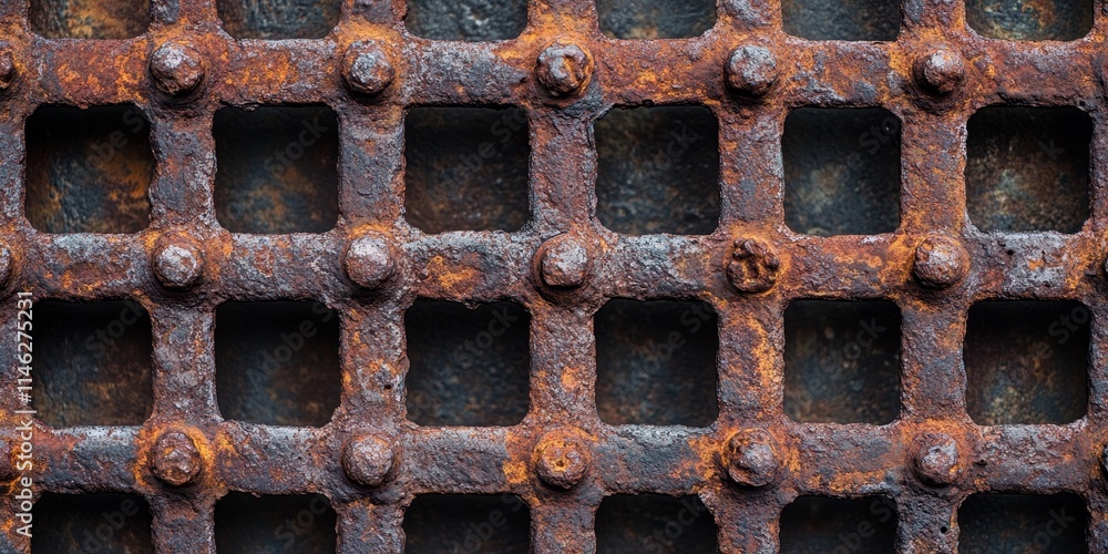Poster close up view showcasing the texture of a rusty metal grid, emphasizing the intricate details of the