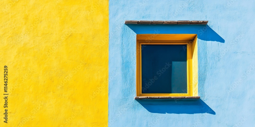 Poster fragment of vibrant yellow and blue walls showcasing an interesting architectural detail, emphasizin