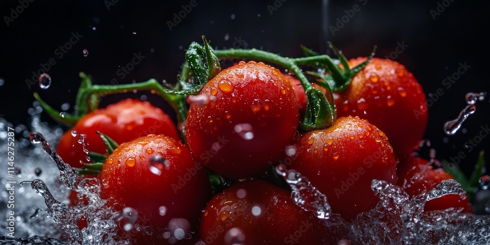 Poster close up shot of tomatoes, also known as solanum lycopersicum, showcasing vibrant colors with water 