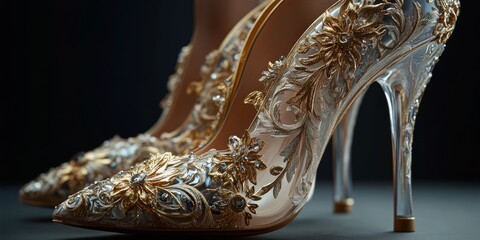 Obraz premium Closeup photo showcasing the exquisite modelling of aureate high heeled shoes, highlighting their elegant design and intricate details in this stunning visual representation of aureate high heeled