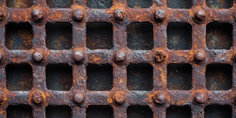 Close up view showcasing the texture of a rusty metal grid, emphasizing the intricate details of the rusty metal grid for a striking visual impact.