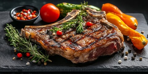 Delicious grilled meat T Bone served with fresh vegetables and aromatic spices, creating a mouthwatering dish that showcases the flavors of grilled meat T Bone in every bite.