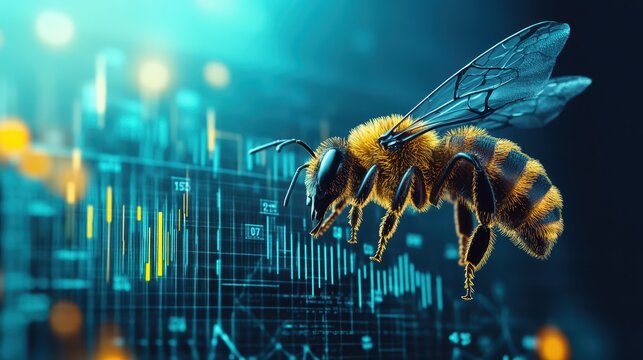 Robotic bee with holographic economic graphs in the background, biotechnology  economics, merging pollination tech and economics