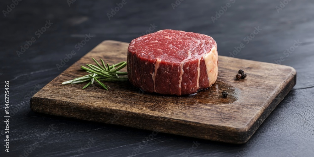 Poster ready to cook, this raw beef fillet mignon is perfectly placed on a cutting board, showcasing its pr