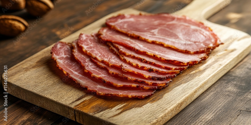 Aufkleber homemade canadian bacon slices displayed on a pale wood cutting board, showcasing the deliciousness 