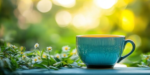 Cup of tea enjoys the summer garden ambiance, featuring black or herbal tea in an elegant blue cup against a lush green blur, perfectly capturing the essence of a relaxing tea moment outdoors.
