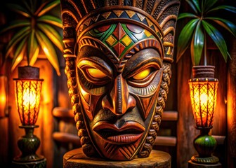 Obraz premium Mysterious African tiki mask, bathed in low light, adds exotic ambiance to your home. AI-generated.