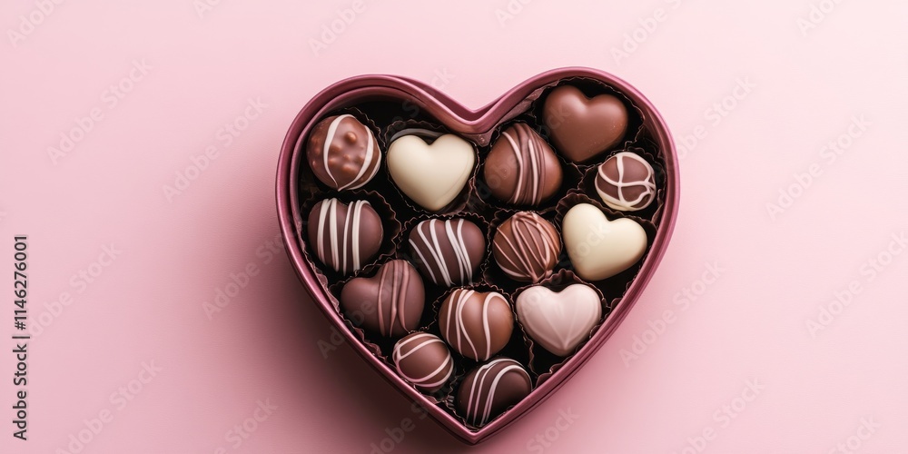 Poster close up of a heart shaped candy box filled with delightful chocolate candies, set against a soft pi