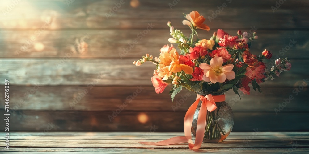 Aufkleber cutter flowers in a vase, adorned with a ribbon, create a charming display against a wooden backgrou