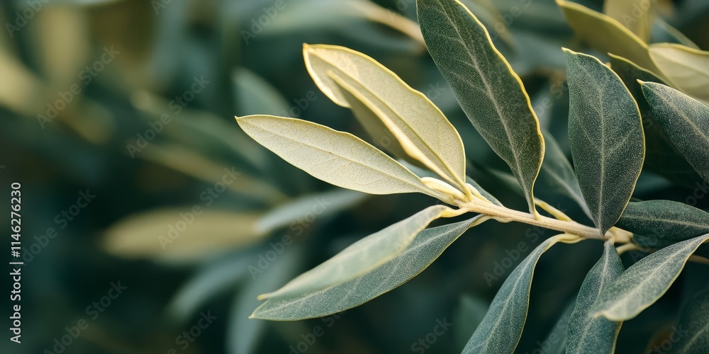 Poster close up image capturing the intricate details of olive leaves, showcasing the beauty and texture of