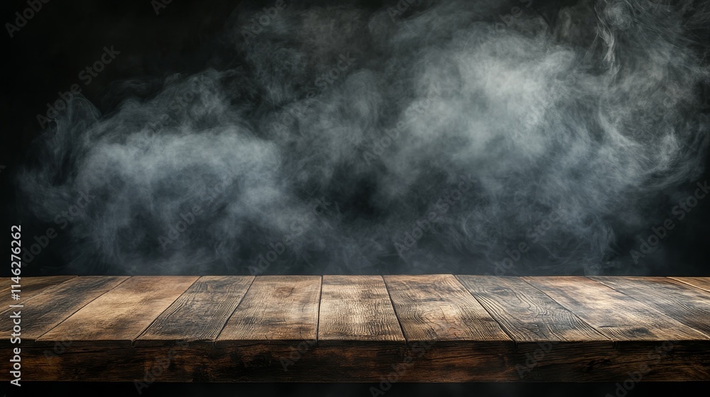 Aufkleber Empty wooden table with smoke rising in a dark background, creating the perfect empty space for showcasing your products and emphasizing their unique features in a striking setting.