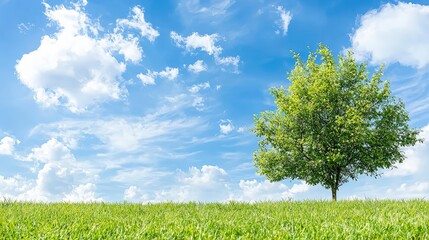 Obraz premium Single tree on green grass field under blue sky with fluffy clouds.