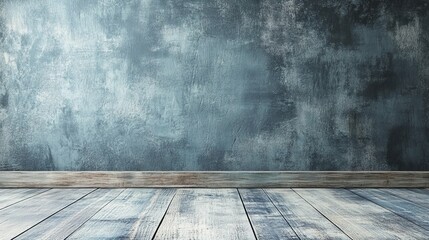 A textured blue wall, background, mockup with a wood, background, wooden, planken floor, creating a calm and neutral background.