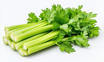 A bunch of celery stalks are sitting on a white background
